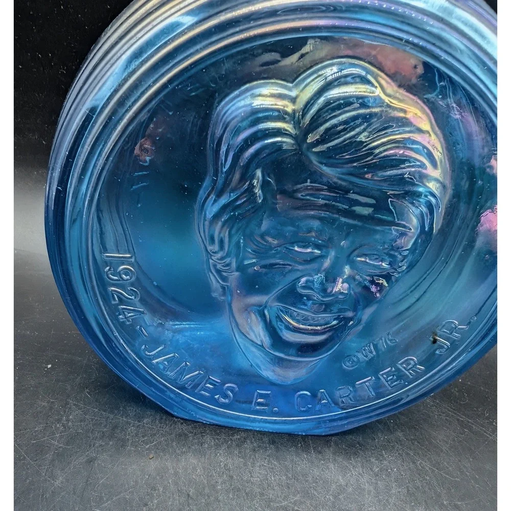 Vintage Wheaton Village Jimmy Carter Iridescent Blue Carnival Glass Flask 1977